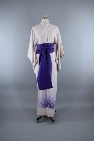1960s Vintage Silk Kimono Robe / Lavender Purple Peacock
