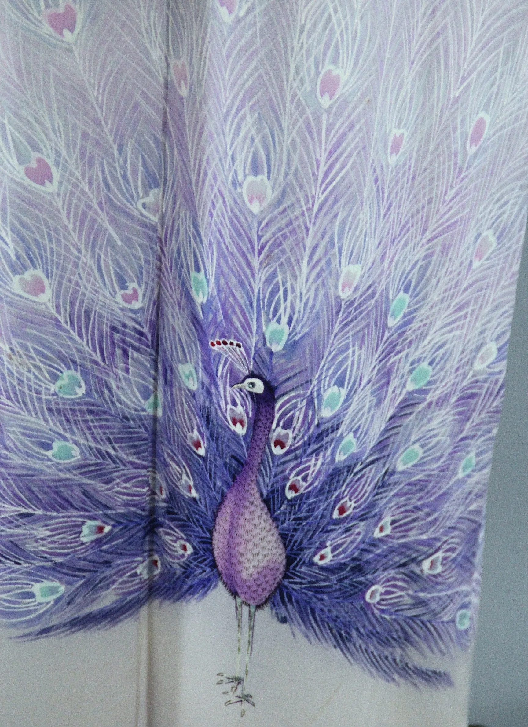 1960s Vintage Silk Kimono Robe / Lavender Purple Peacock