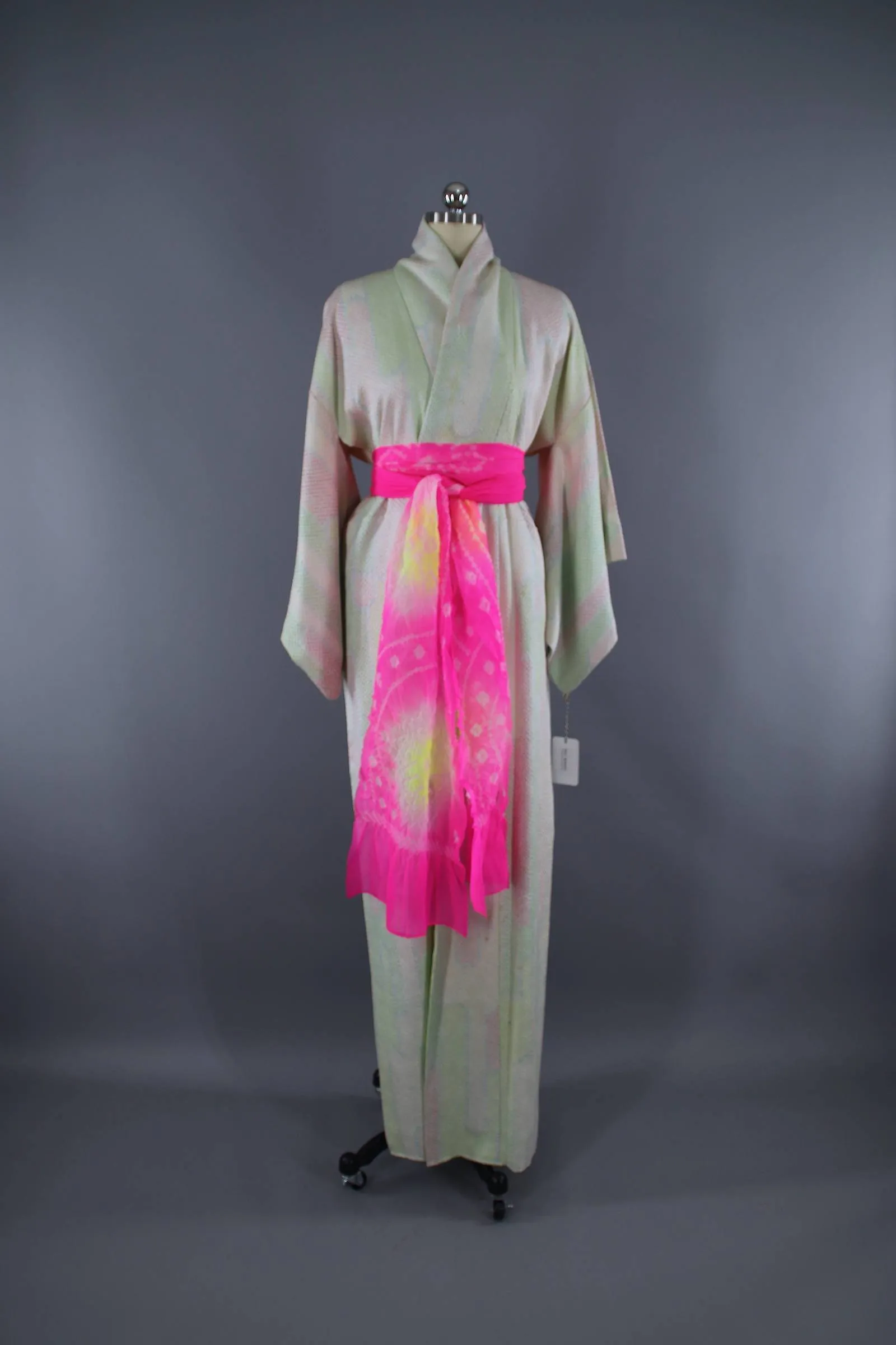 1960s Vintage Silk Kimono Robe / Pastel Pink & Green Shibori
