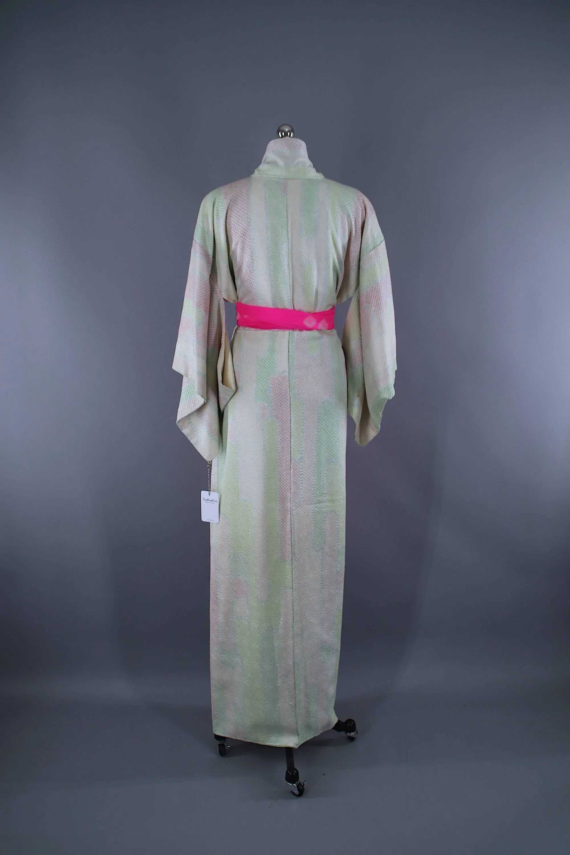 1960s Vintage Silk Kimono Robe / Pastel Pink & Green Shibori