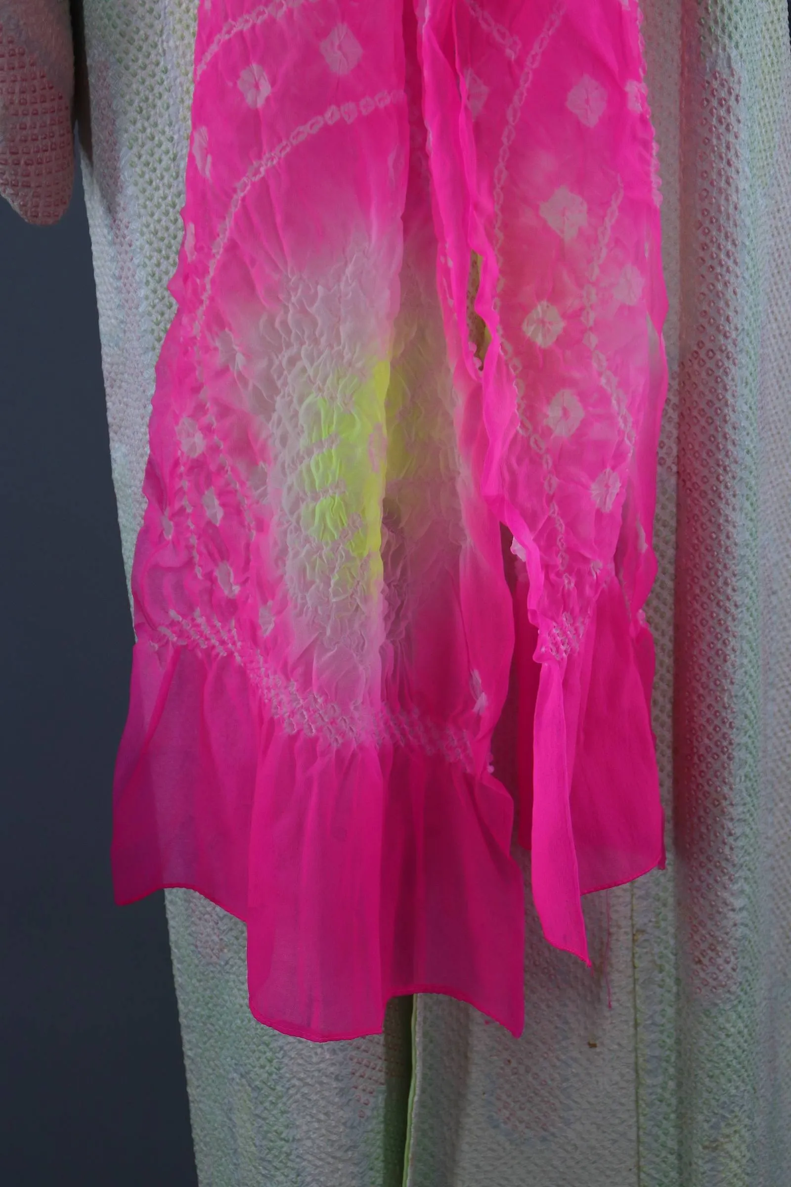 1960s Vintage Silk Kimono Robe / Pastel Pink & Green Shibori