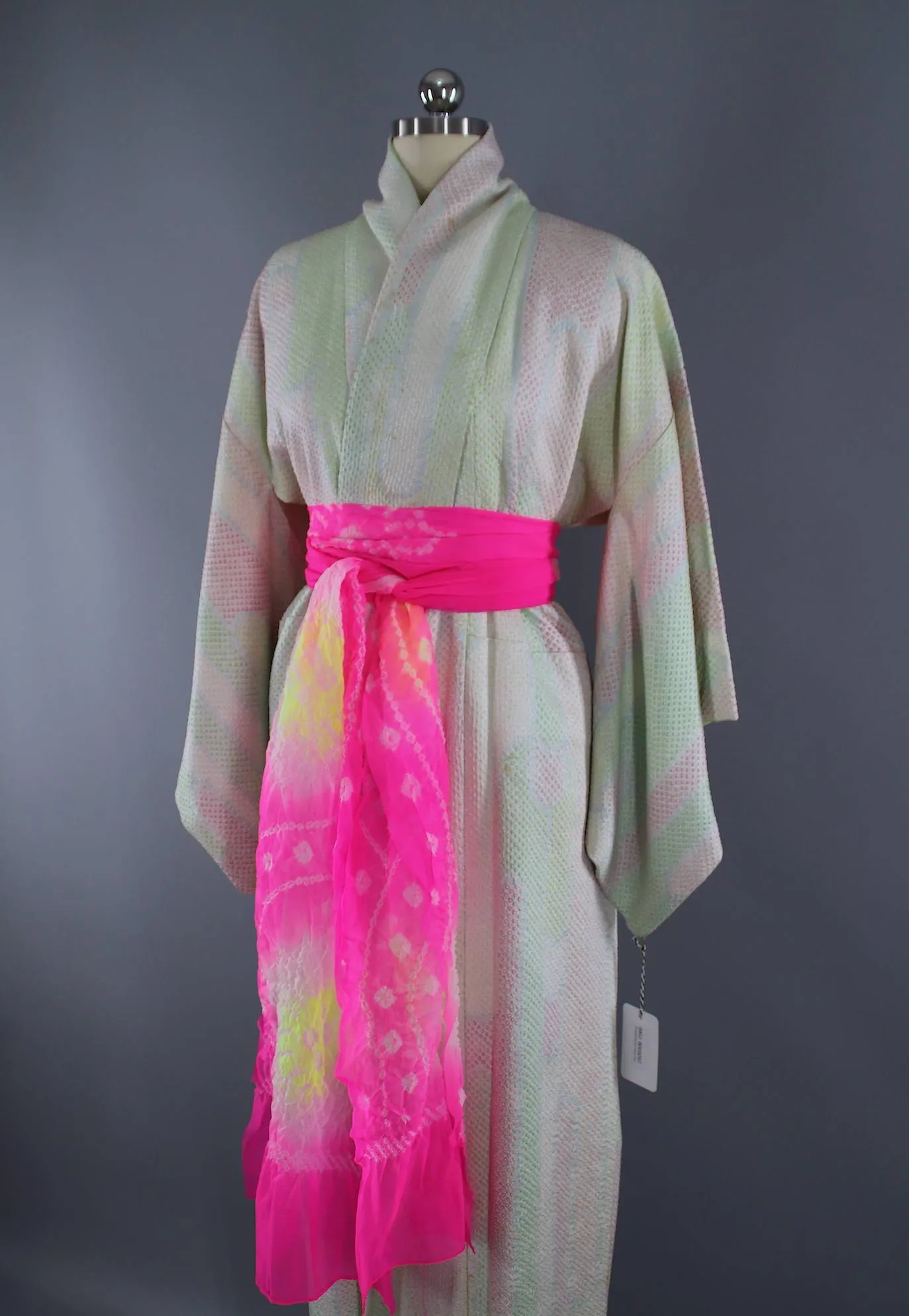 1960s Vintage Silk Kimono Robe / Pastel Pink & Green Shibori