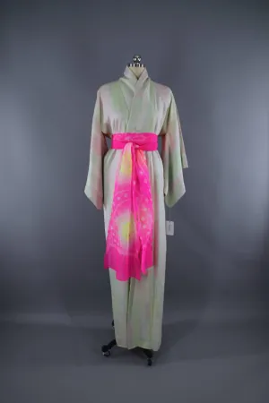 1960s Vintage Silk Kimono Robe / Pastel Pink & Green Shibori