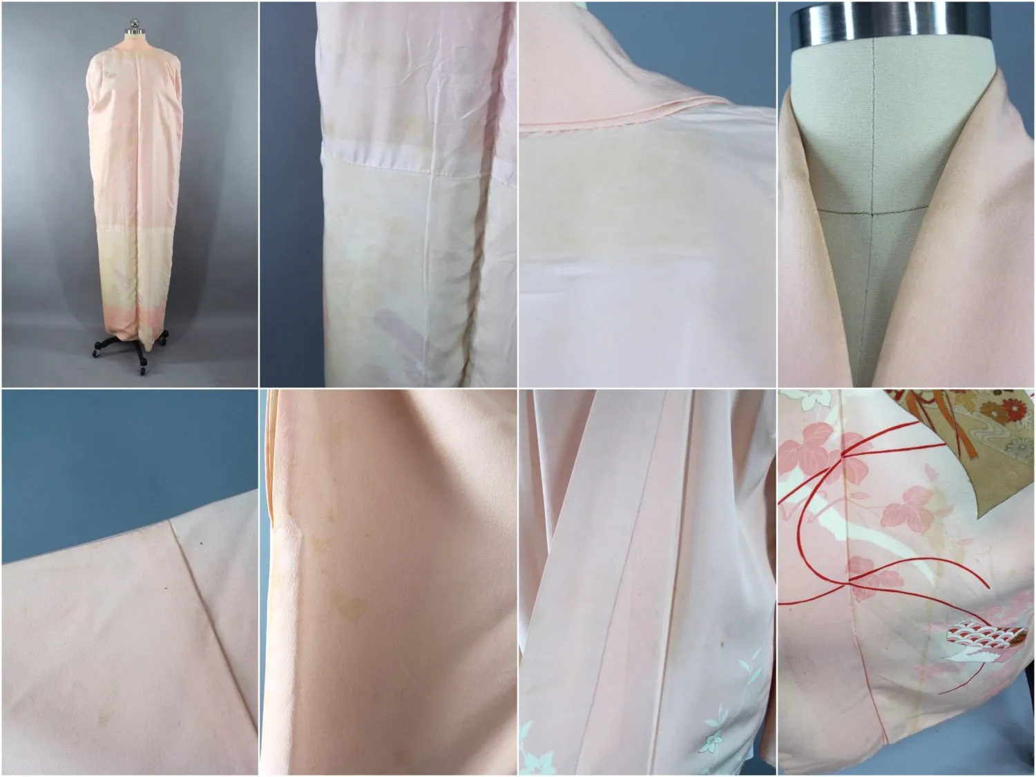 1960s Vintage Silk Kimono Robe with Pastel Peach Floral Print