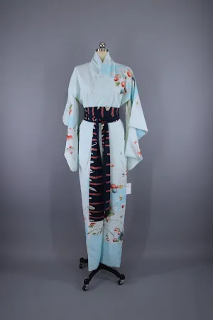 1970s Vintage Kimono Robe / Sky Blue Ombre Floral Print