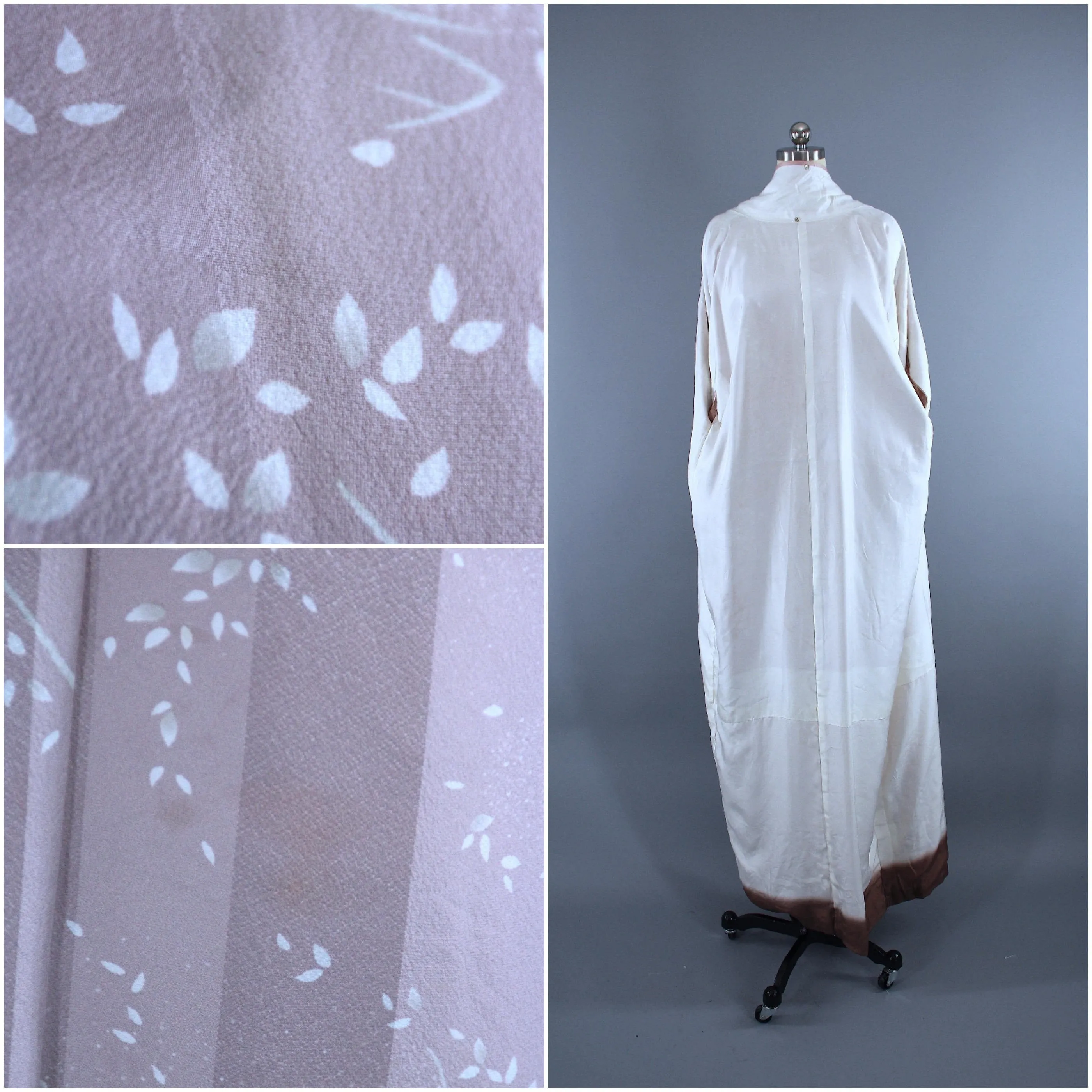 1970s Vintage Silk Kimono Robe / Blush Pink & White Leaves