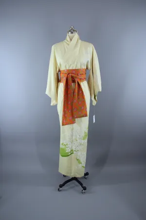 1970s Vintage Silk Kimono Robe / Lemon Yellow Green Floral Daisy Print