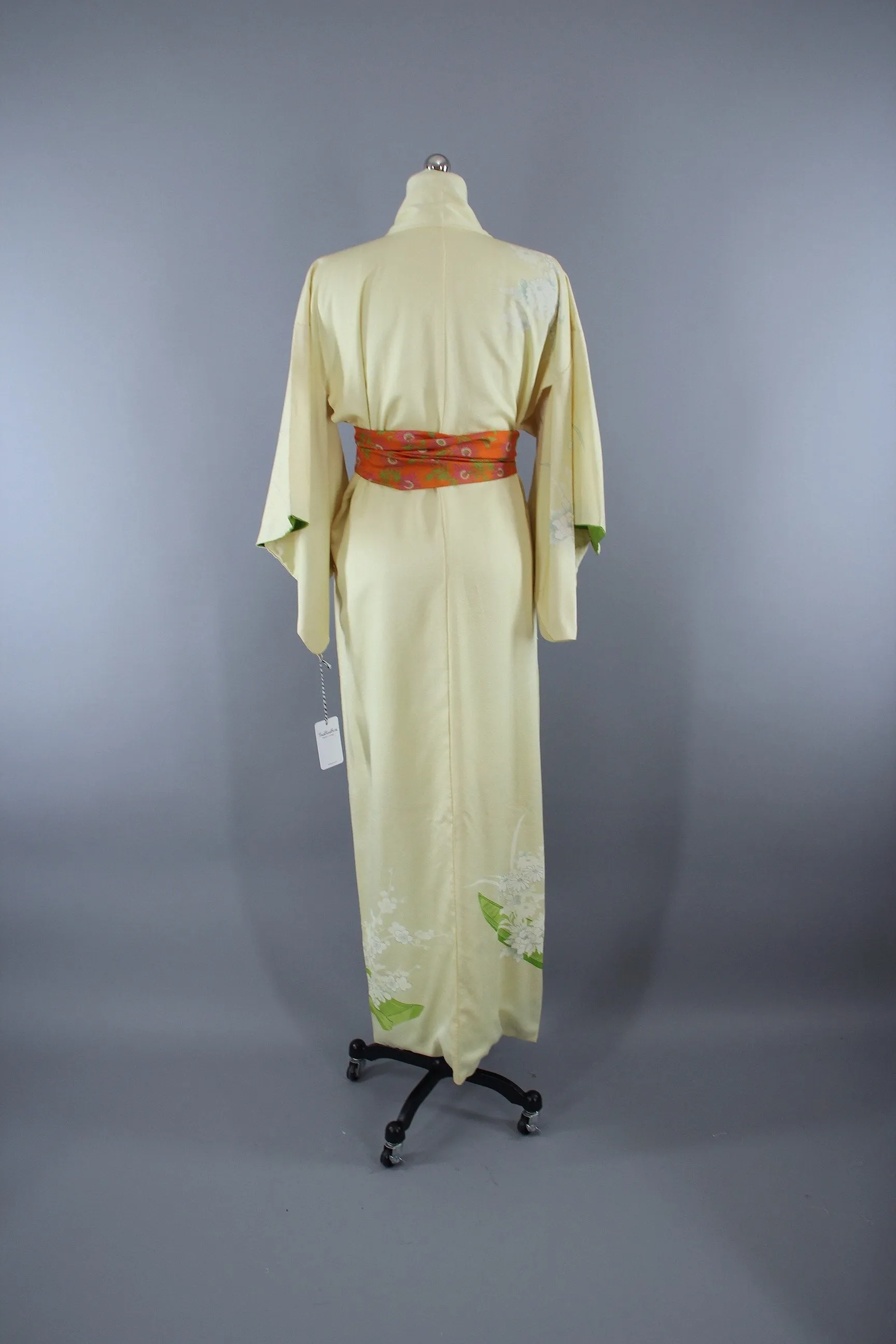 1970s Vintage Silk Kimono Robe / Lemon Yellow Green Floral Daisy Print