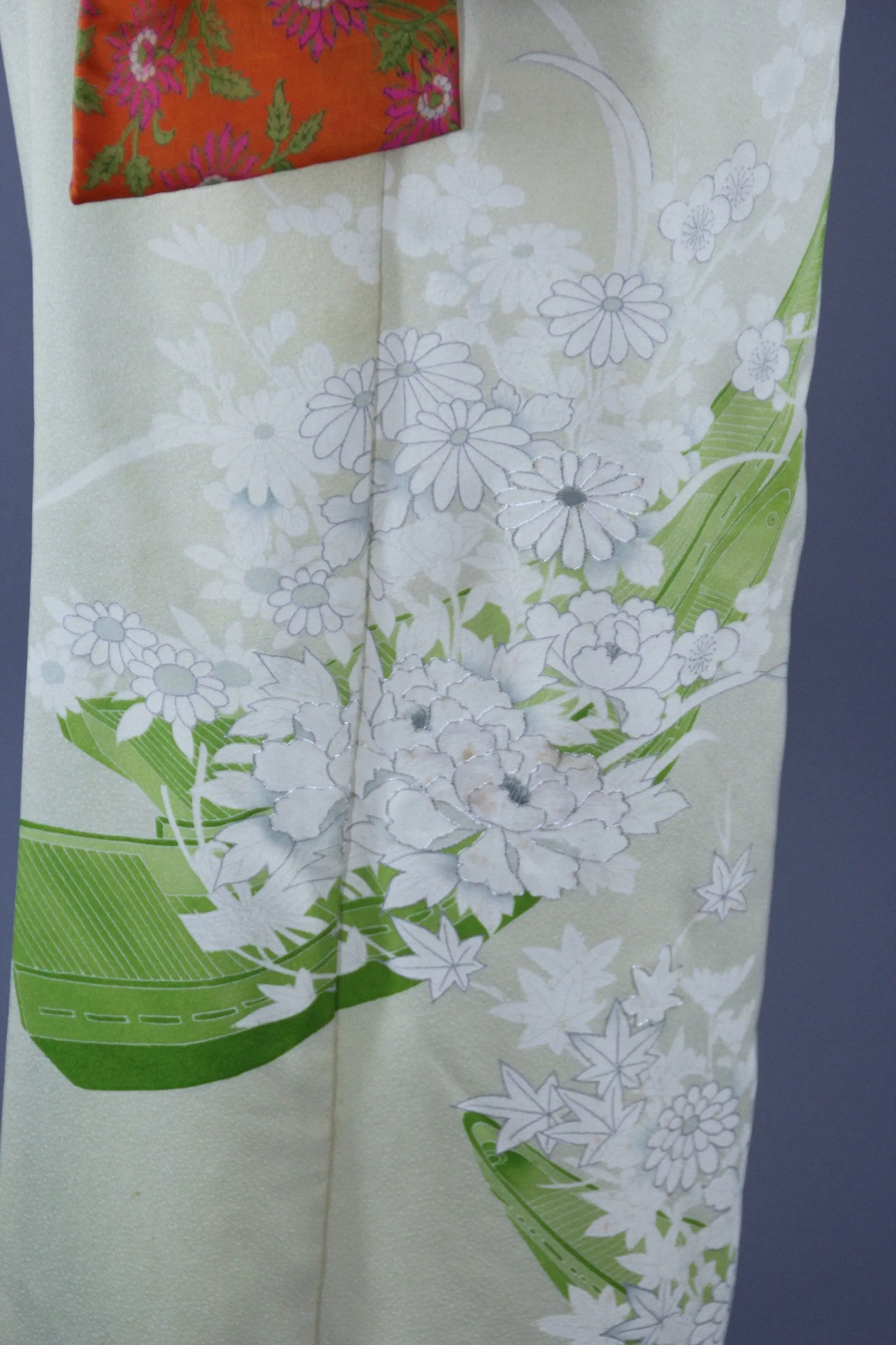 1970s Vintage Silk Kimono Robe / Lemon Yellow Green Floral Daisy Print