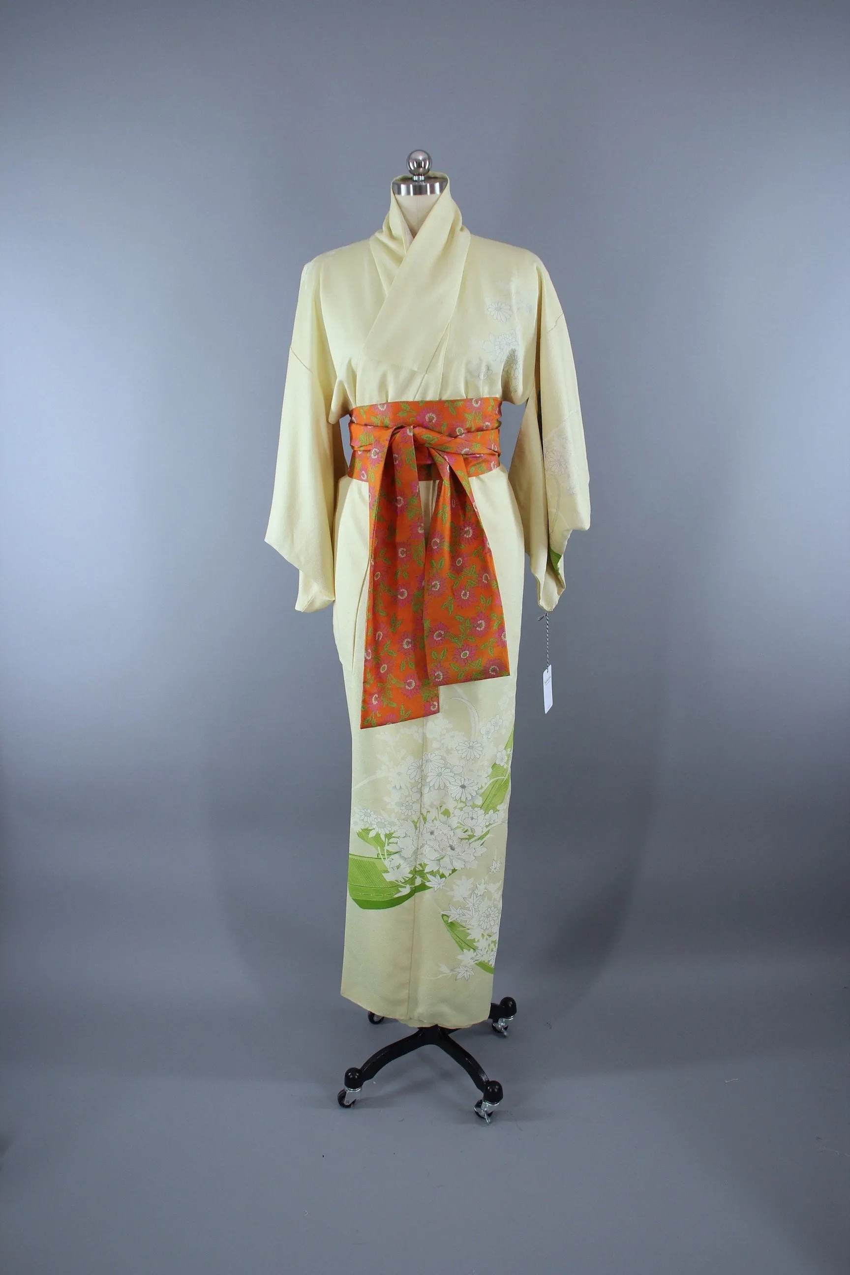 1970s Vintage Silk Kimono Robe / Lemon Yellow Green Floral Daisy Print