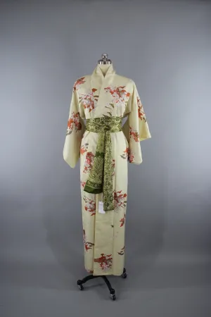 1980s Vintage Silk Kimono Robe in Pale Yellow Floral Print