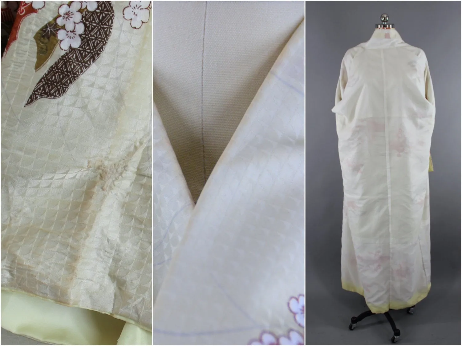 1980s Vintage Silk Kimono Robe in Pale Yellow Floral Print