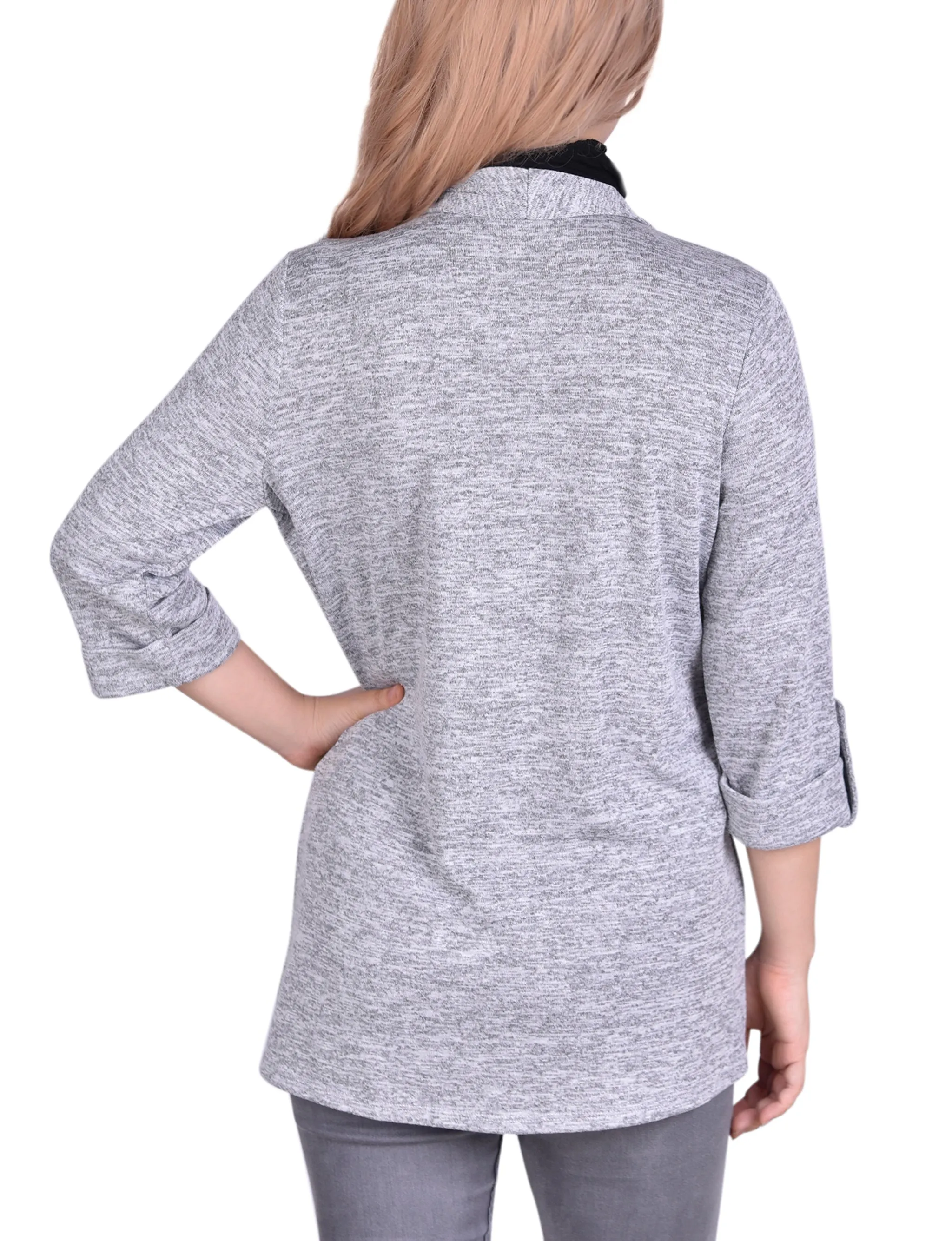 3/4 Sleeve Cardigan With Mask-Cowl Neck Inset