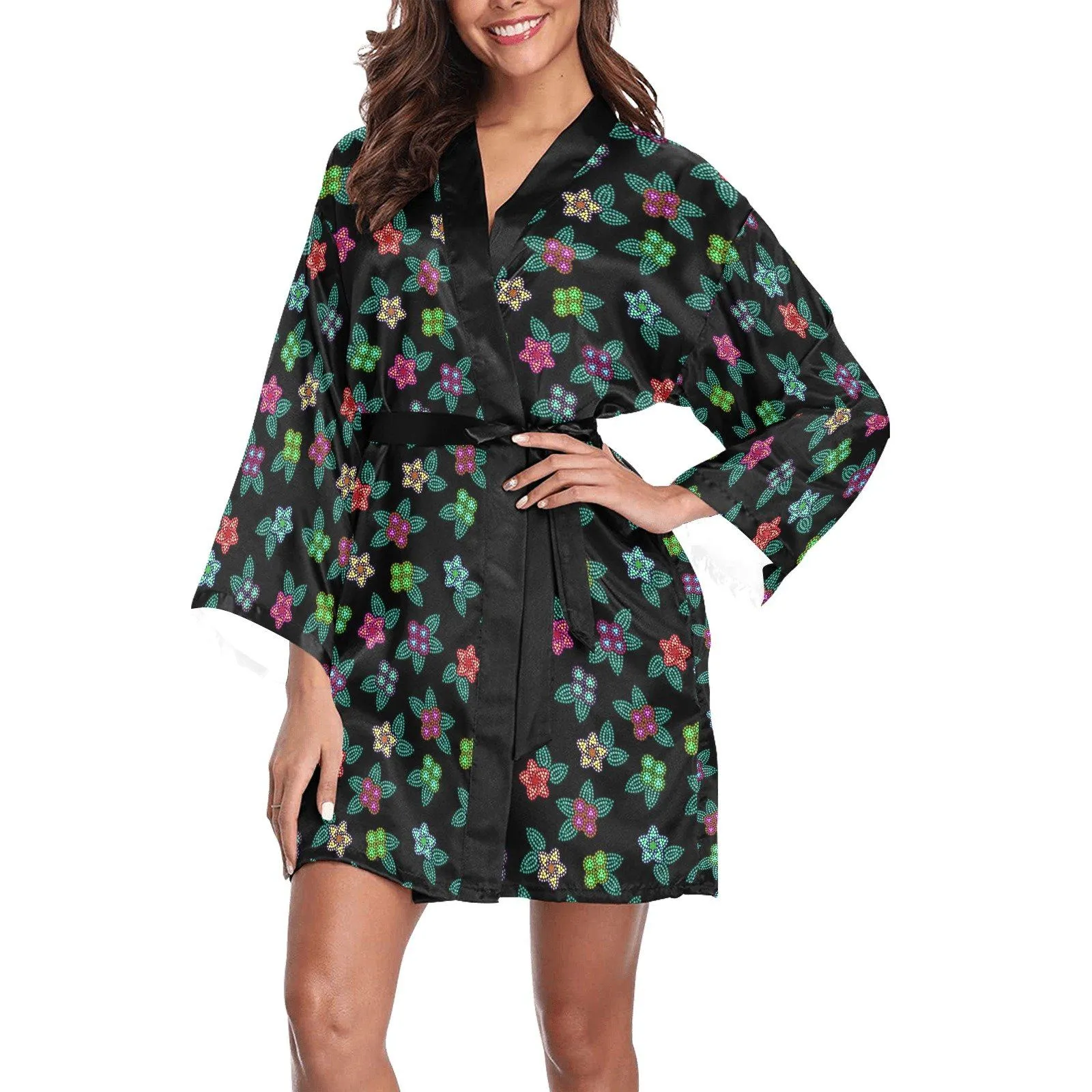 Berry Flowers Black Long Sleeve Satin Robe