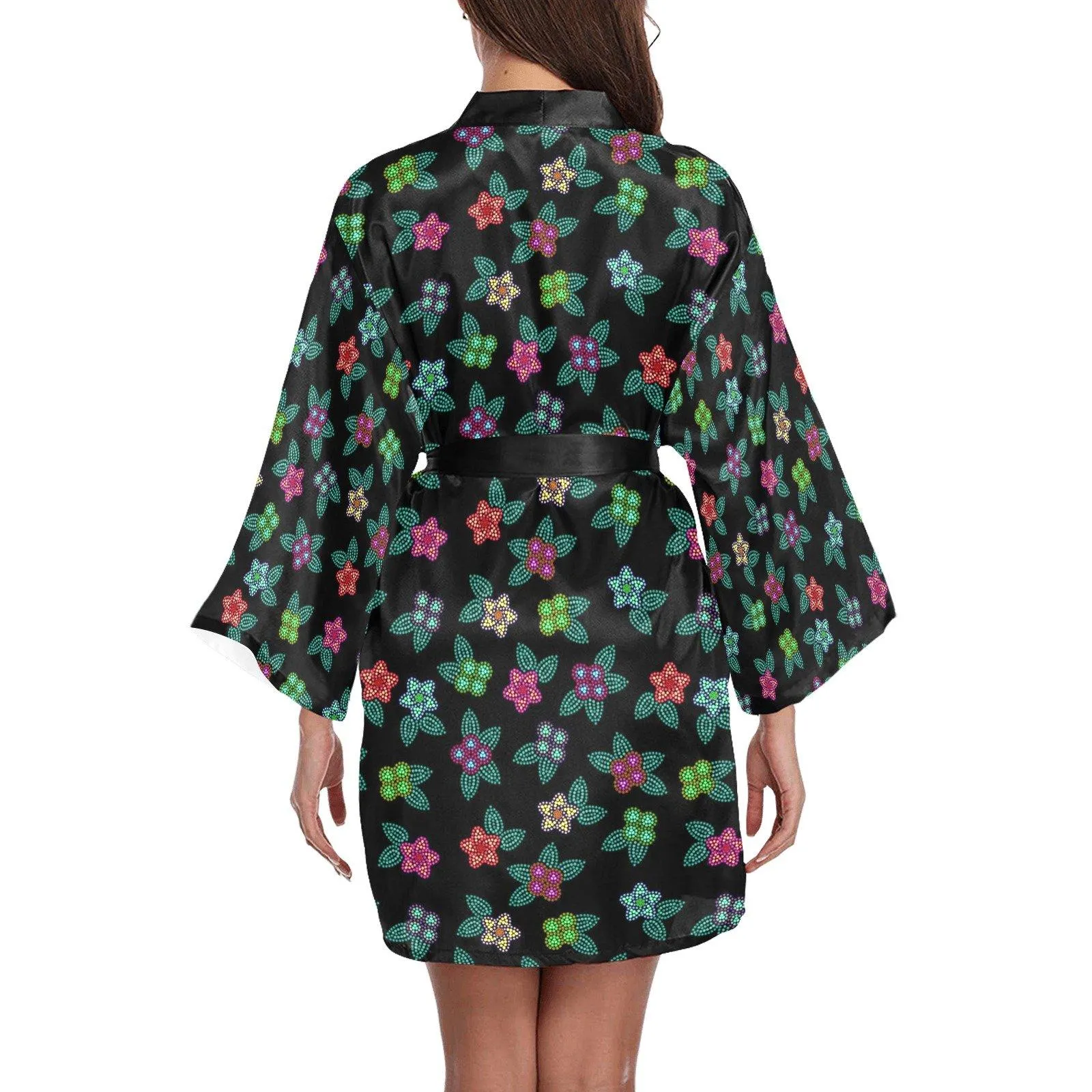 Berry Flowers Black Long Sleeve Satin Robe