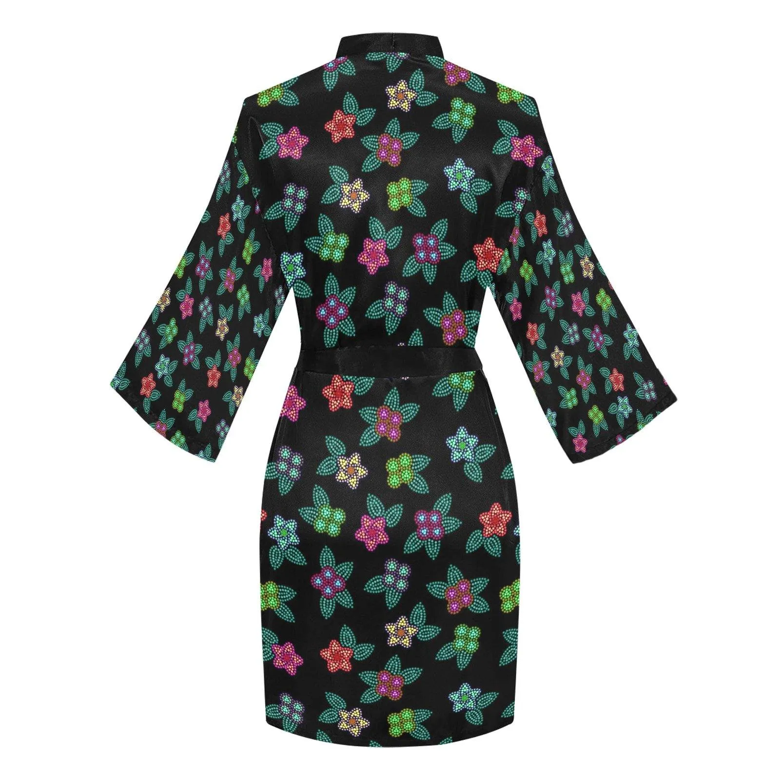 Berry Flowers Black Long Sleeve Satin Robe