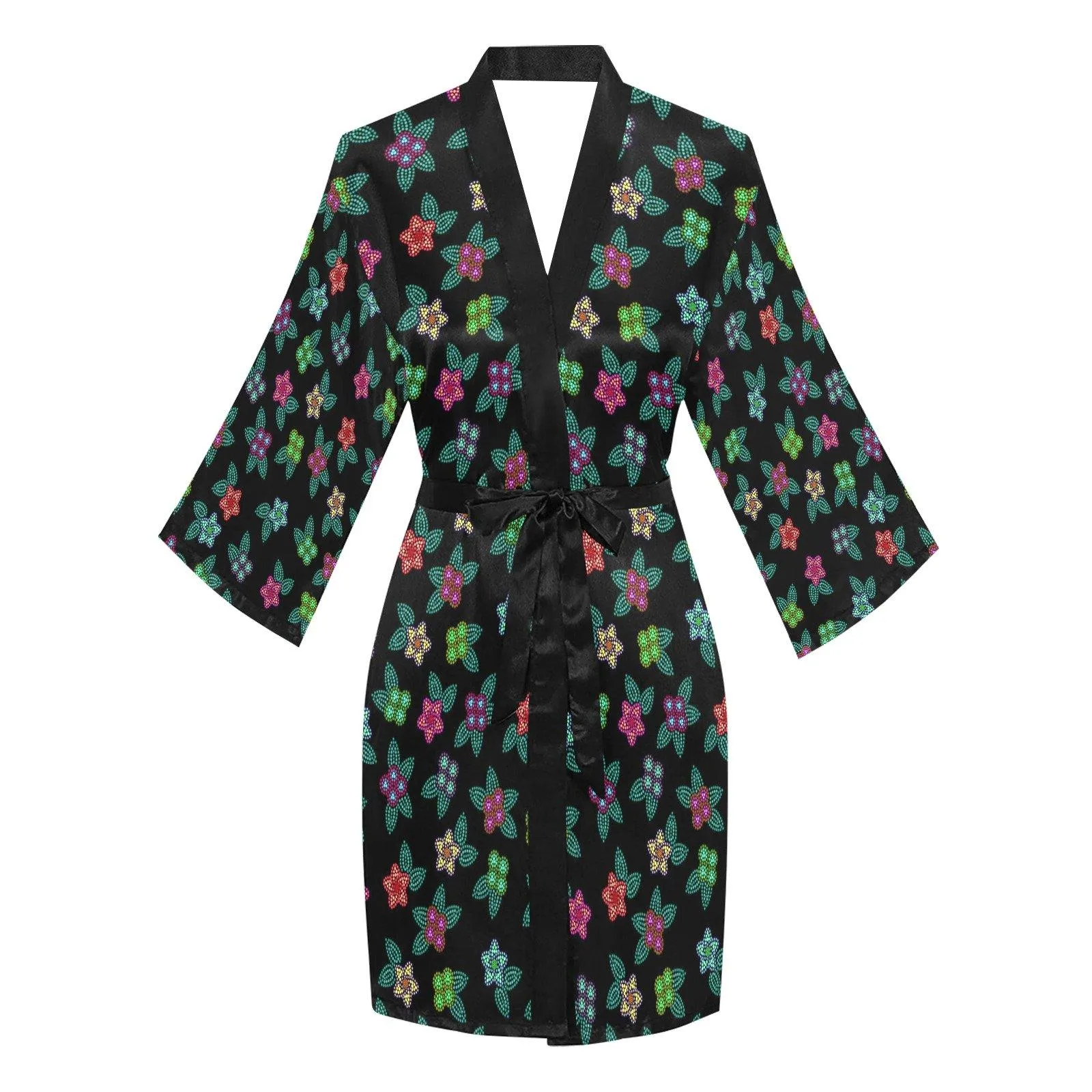 Berry Flowers Black Long Sleeve Satin Robe