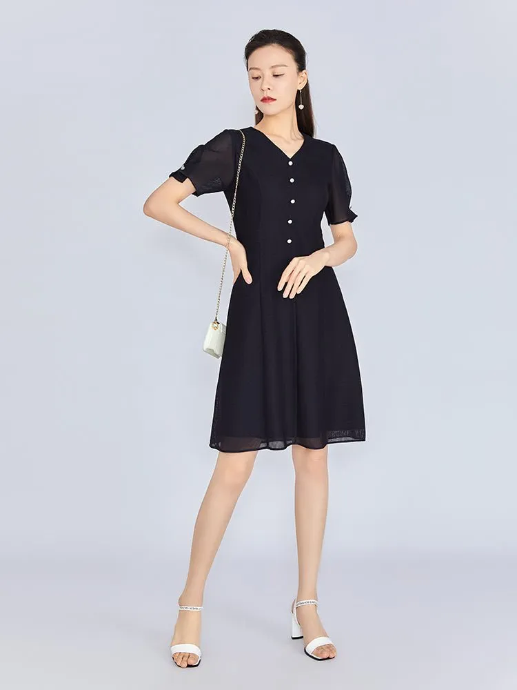 Black Lace Sleeve V Neck Pearl Dress