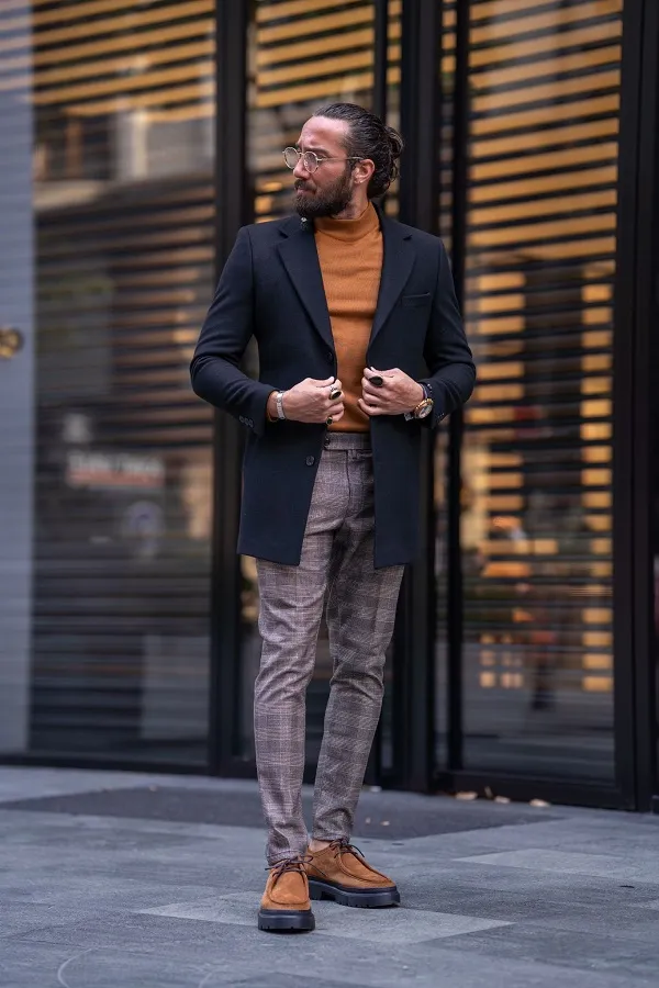 Black Slim Fit Single Breasted Long Coat by gentwith