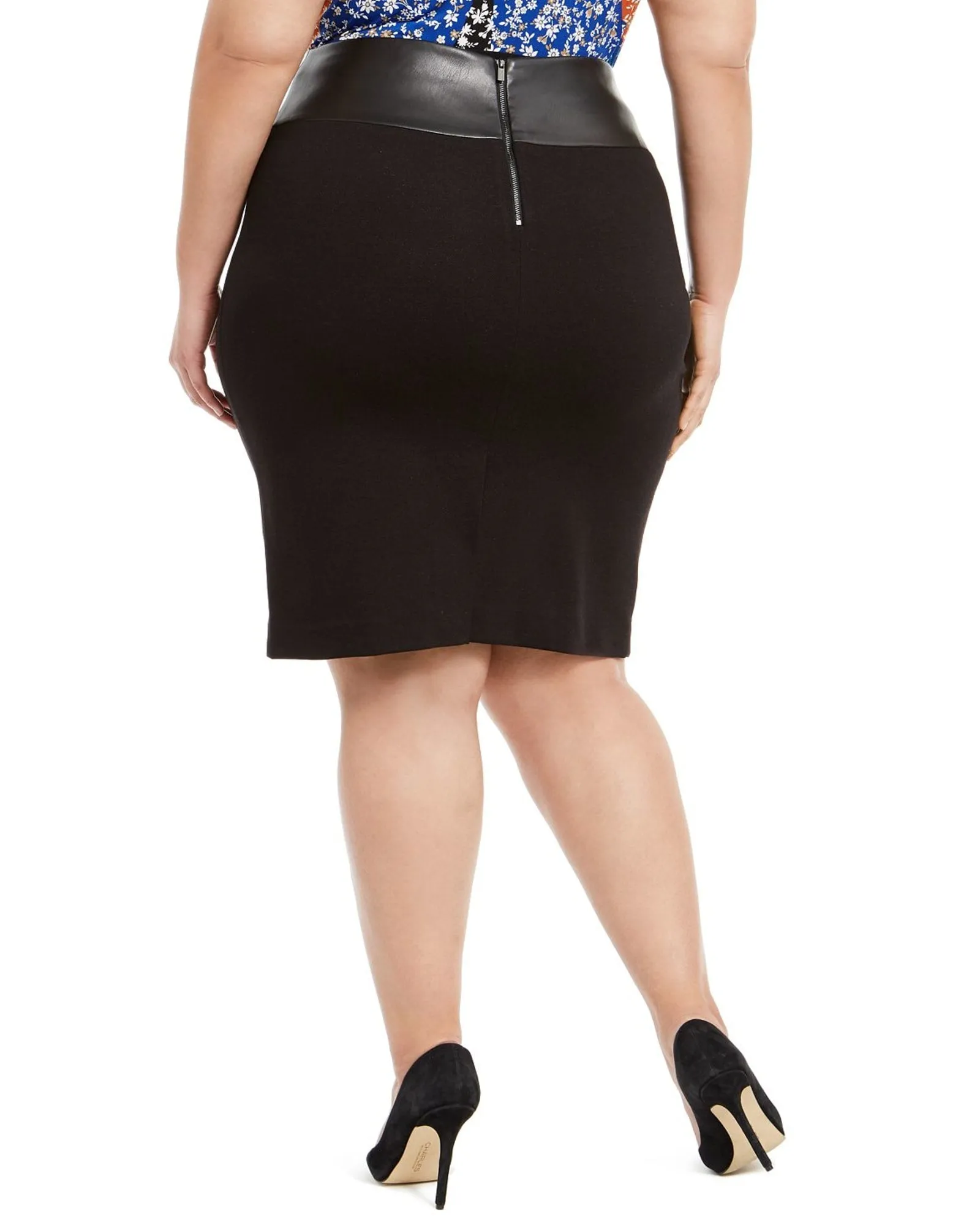 Calvin Klein Women's Plus Faux Leather Trim Pencil Skirt Black Size 24W | Black