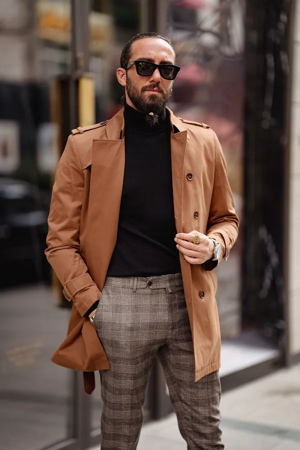 Camel Slim Fit Double Breasted Long Coat by gentwith