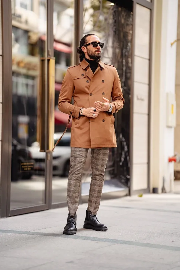 Camel Slim Fit Double Breasted Long Coat by gentwith