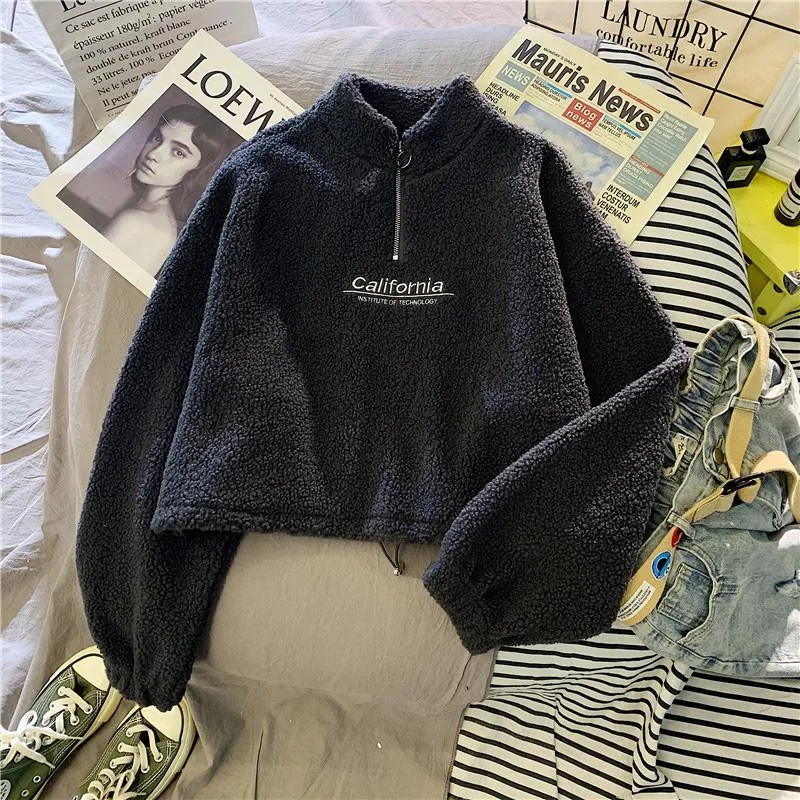 Cashmere Short Coat Fashion Women Letter Stand Collar Zipper Thick Loose Winter Pullover Sweatshirt Embroidery Female Tops