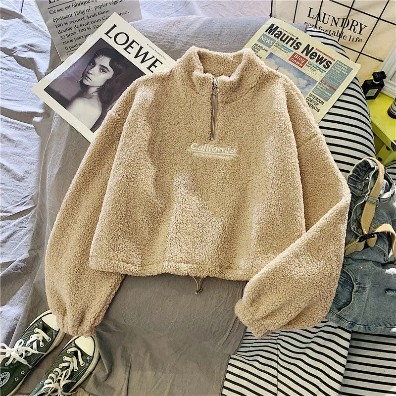 Cashmere Short Coat Fashion Women Letter Stand Collar Zipper Thick Loose Winter Pullover Sweatshirt Embroidery Female Tops