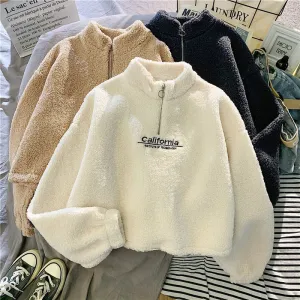 Cashmere Short Coat Fashion Women Letter Stand Collar Zipper Thick Loose Winter Pullover Sweatshirt Embroidery Female Tops