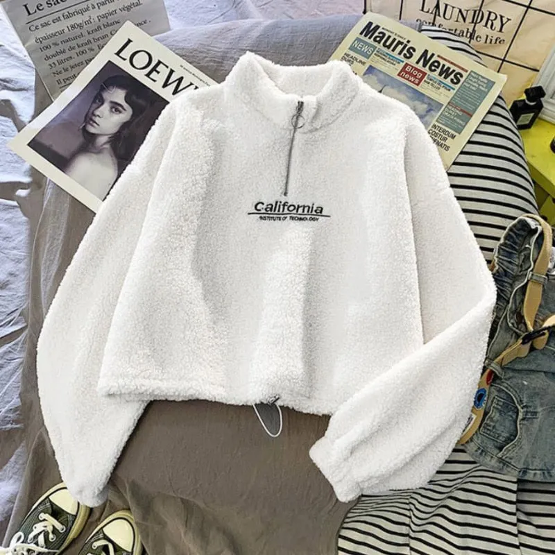Cashmere Short Coat Fashion Women Letter Stand Collar Zipper Thick Loose Winter Pullover Sweatshirt Embroidery Female Tops