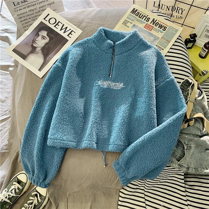 Cashmere Short Coat Fashion Women Letter Stand Collar Zipper Thick Loose Winter Pullover Sweatshirt Embroidery Female Tops