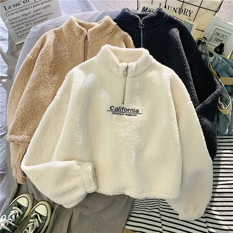 Cashmere Short Coat Fashion Women Letter Stand Collar Zipper Thick Loose Winter Pullover Sweatshirt Embroidery Female Tops
