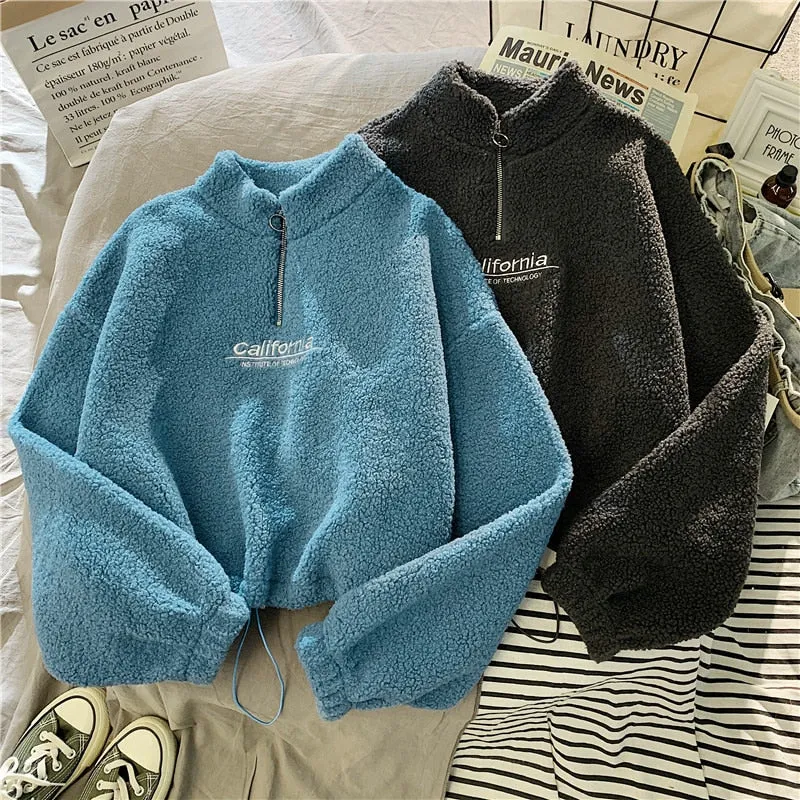 Cashmere Short Coat Fashion Women Letter Stand Collar Zipper Thick Loose Winter Pullover Sweatshirt Embroidery Female Tops