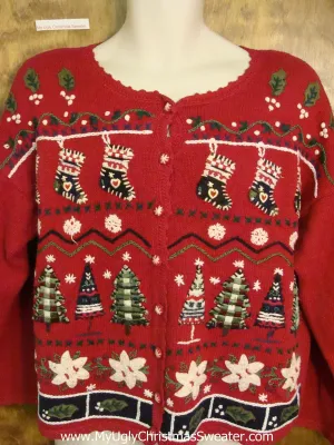 Cheap Ugly Christmas Sweater Cardigan with White Poinsettias