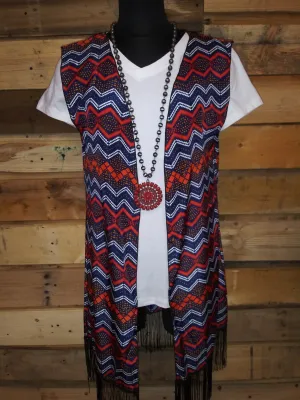 Chevron Navy Kimono With Fringe 6103