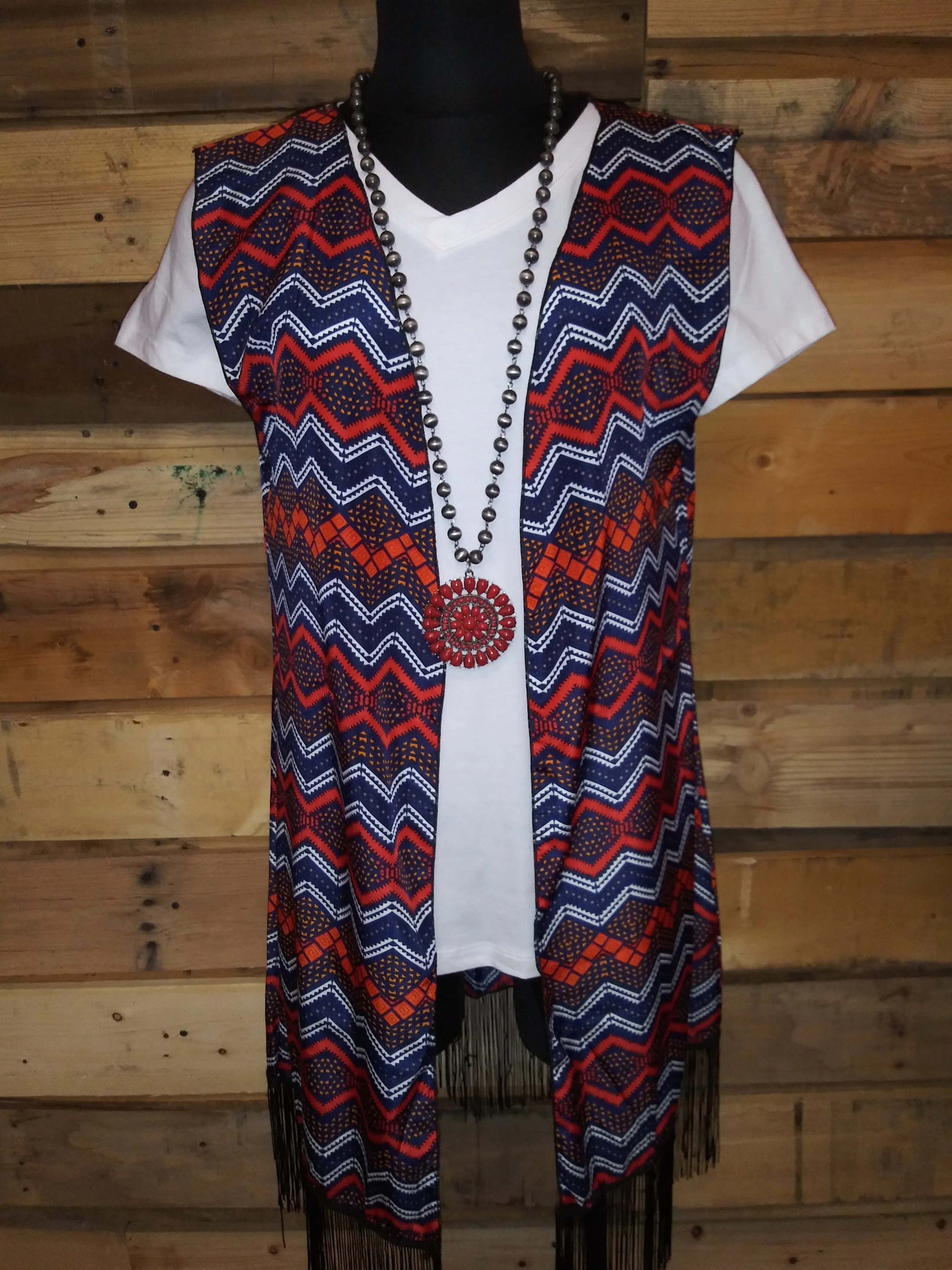Chevron Navy Kimono With Fringe 6103