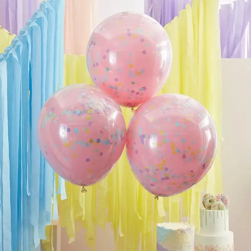 Double Layered Pink and Pastel Rainbow Confetti Balloons