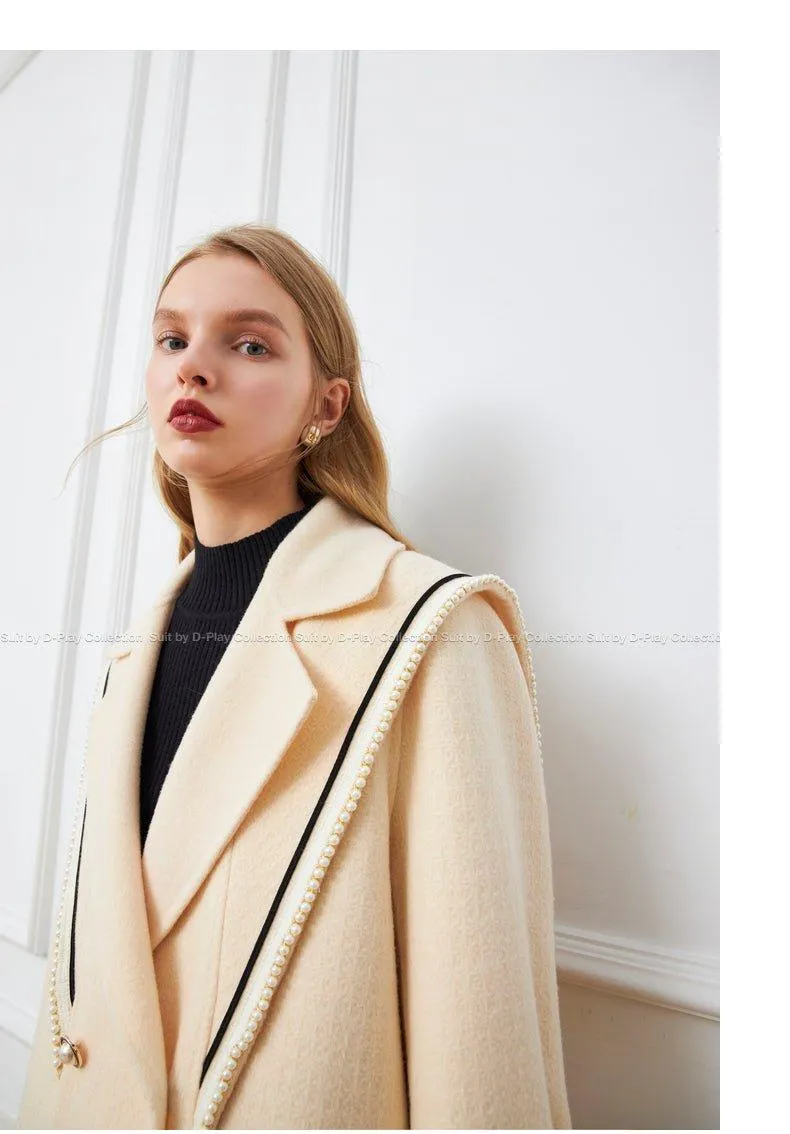 DPLAY fall Winter Beige Pearl Navy Collar Double Sided Woolen Long Coat - Tio