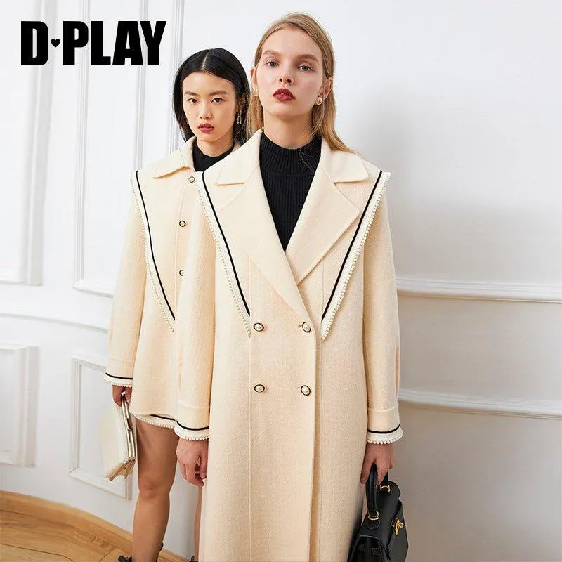 DPLAY fall Winter Beige Pearl Navy Collar Double Sided Woolen Long Coat - Tio