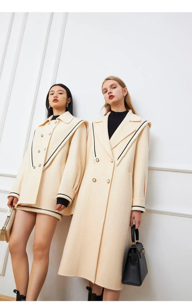 DPLAY fall Winter Beige Pearl Navy Collar Double Sided Woolen Long Coat - Tio