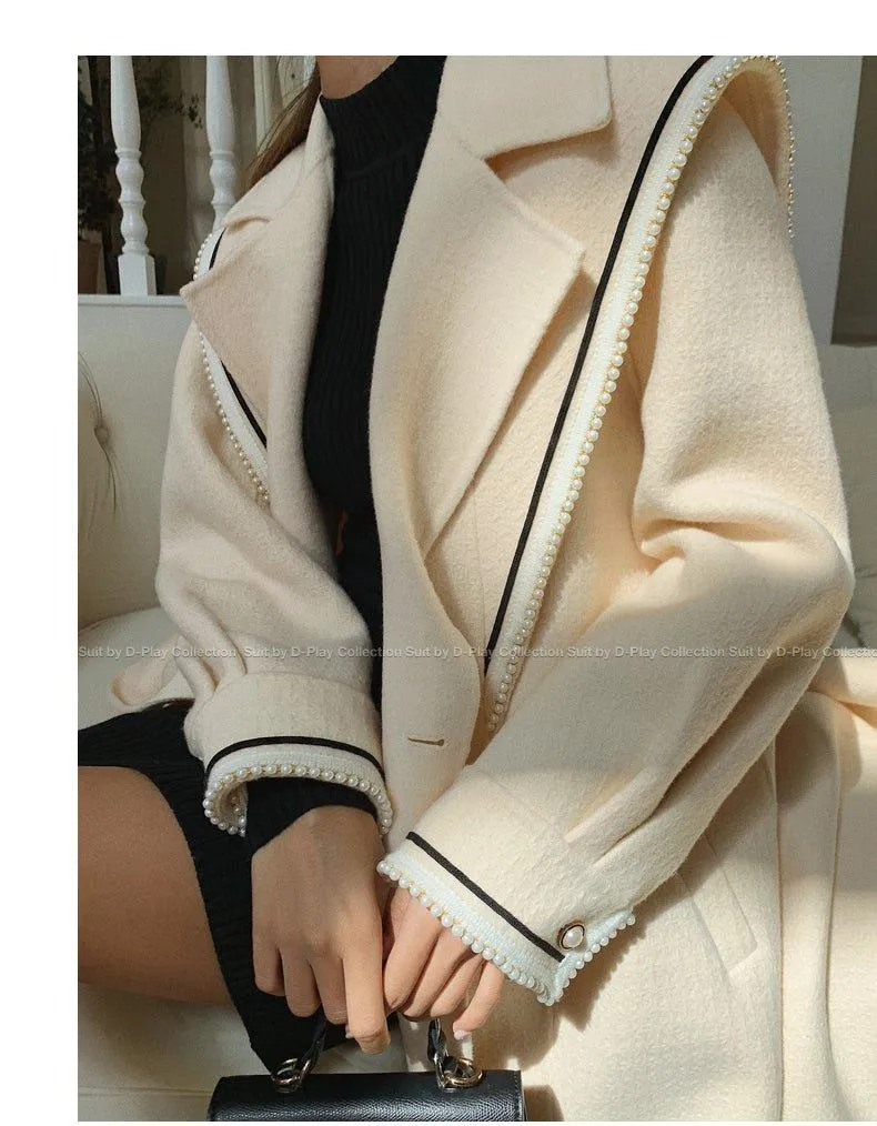 DPLAY fall Winter Beige Pearl Navy Collar Double Sided Woolen Long Coat - Tio