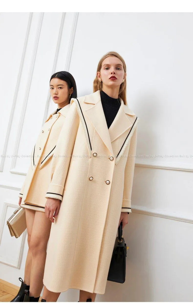 DPLAY fall Winter Beige Pearl Navy Collar Double Sided Woolen Long Coat - Tio