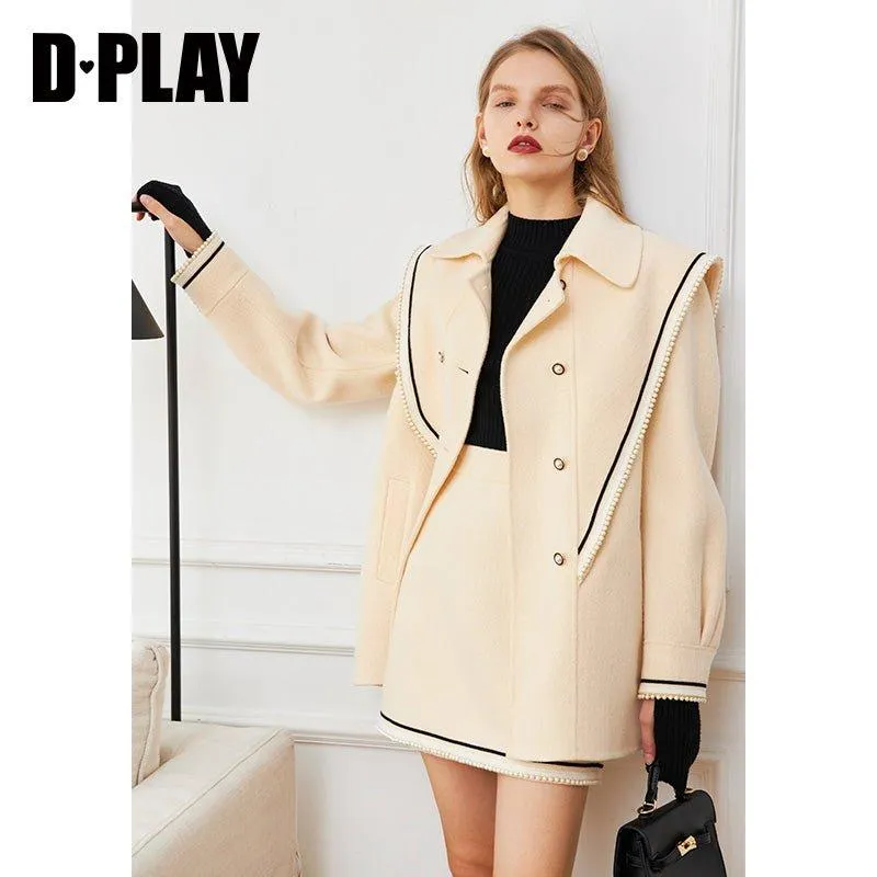 DPLAY fall Winter Beige Pearl Navy Collar Double Sided Woolen Long Coat - Tio