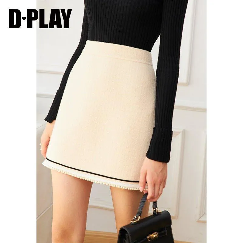 DPLAY fall Winter Beige Pearl Navy Collar Double Sided Woolen Long Coat - Tio