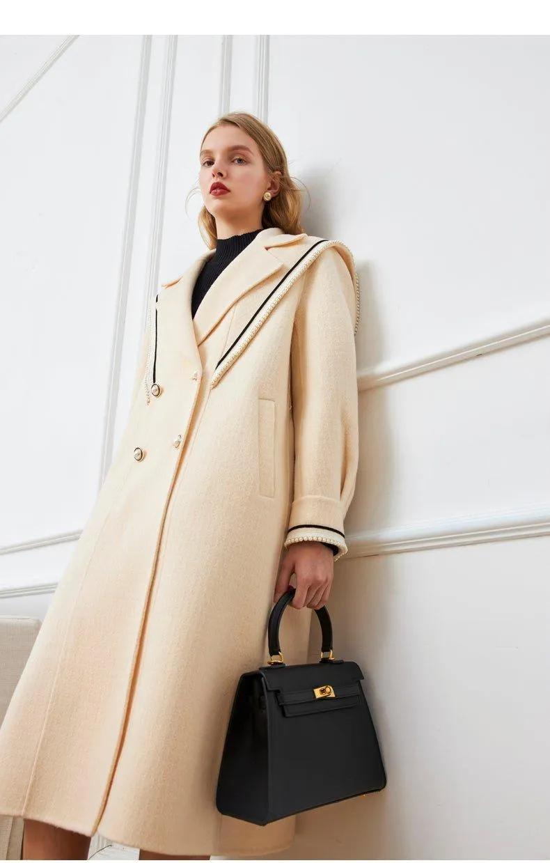 DPLAY fall Winter Beige Pearl Navy Collar Double Sided Woolen Long Coat - Tio