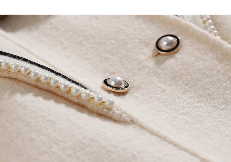 DPLAY fall Winter Beige Pearl Navy Collar Double Sided Woolen Long Coat - Tio