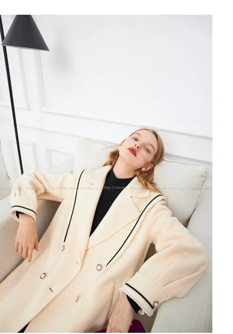 DPLAY fall Winter Beige Pearl Navy Collar Double Sided Woolen Long Coat - Tio