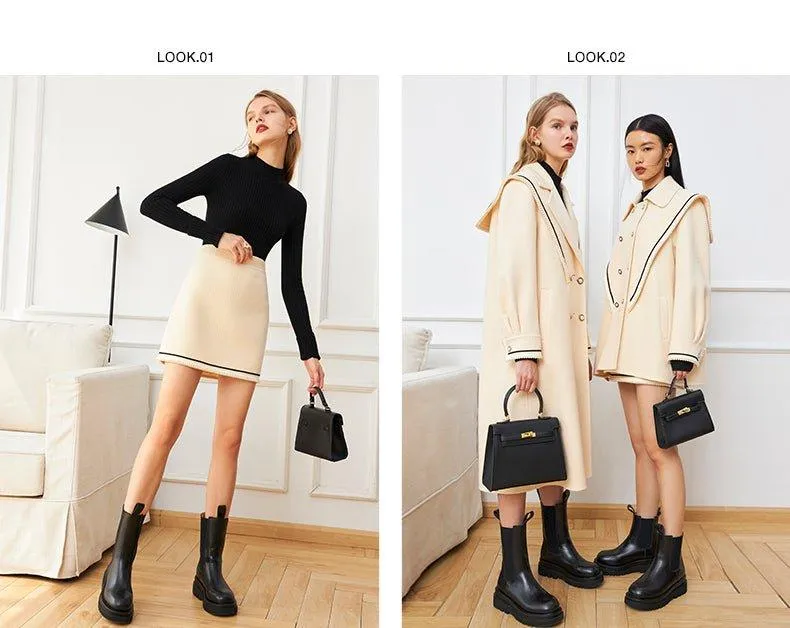 DPLAY fall Winter Beige Pearl Navy Collar Double Sided Woolen Long Coat - Tio