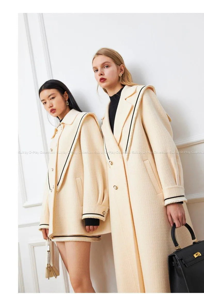 DPLAY fall Winter Beige Pearl Navy Collar Double Sided Woolen Long Coat - Tio