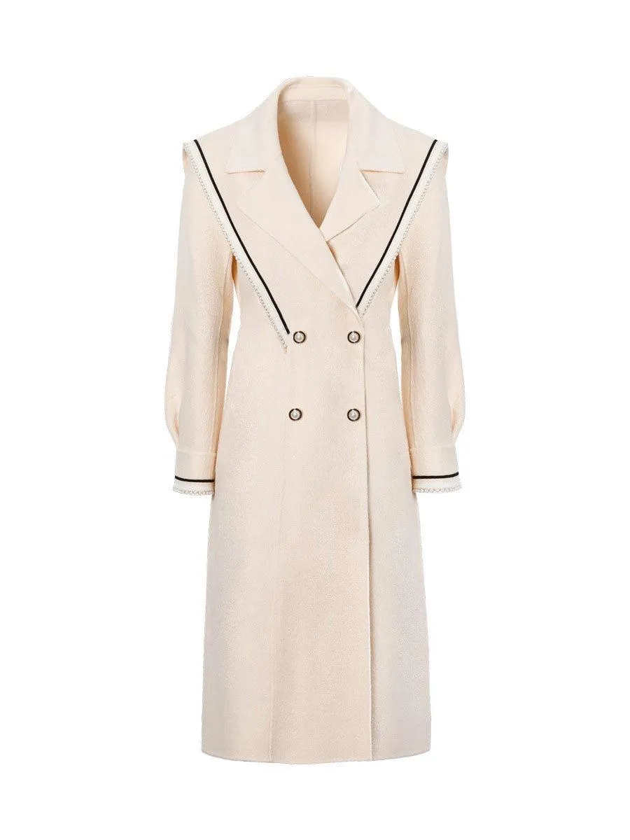 DPLAY fall Winter Beige Pearl Navy Collar Double Sided Woolen Long Coat - Tio